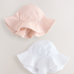 Pink and White Broderie 2pk Baby Bucket Hat (0mths-2yrs)